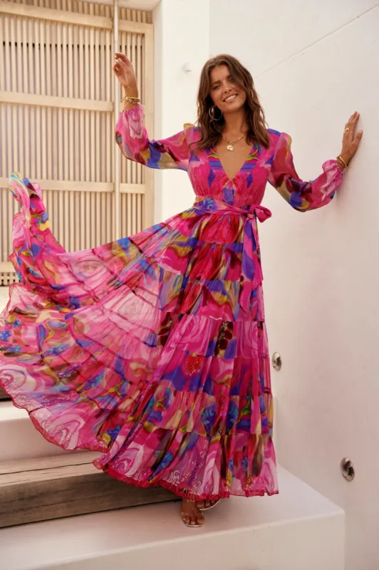 PINK ROSE V NECK SHIRRED MAXI DRESS - Pre Order made by Czarina