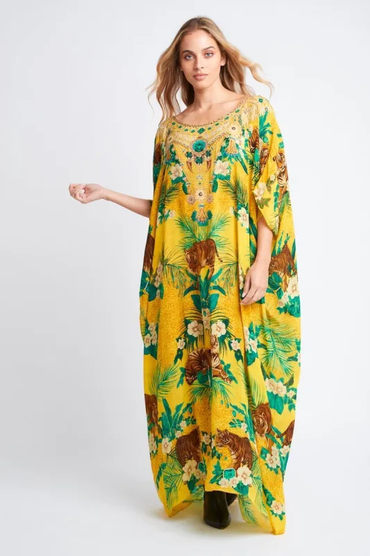 TROPICAL TIGRESS ROUND NECK LONG KAFTAN sold by Czarina