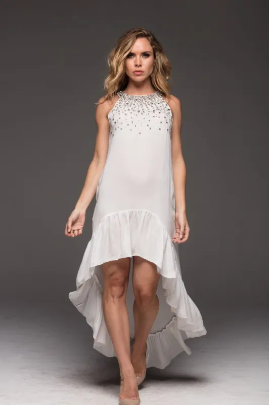 White Pearl Round-Neck Hi Low Dress made by Czarina
