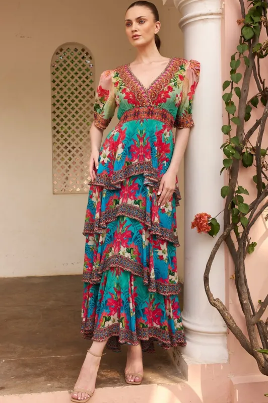 BLUE BLOSSOM CROSS OVER MAXI DRESS sold by Czarina