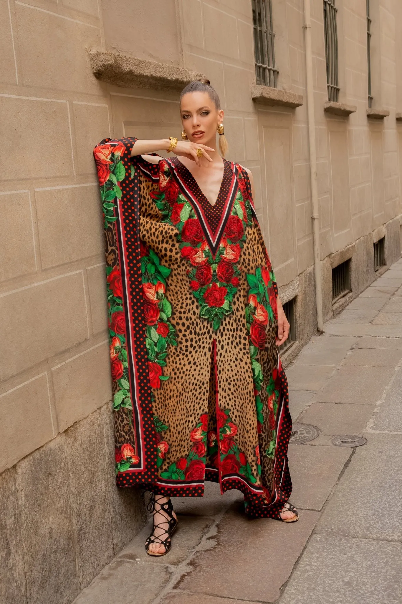 ROSE LEOPARD BIG WIDTH SILK LONG KAFTAN sold by Czarina