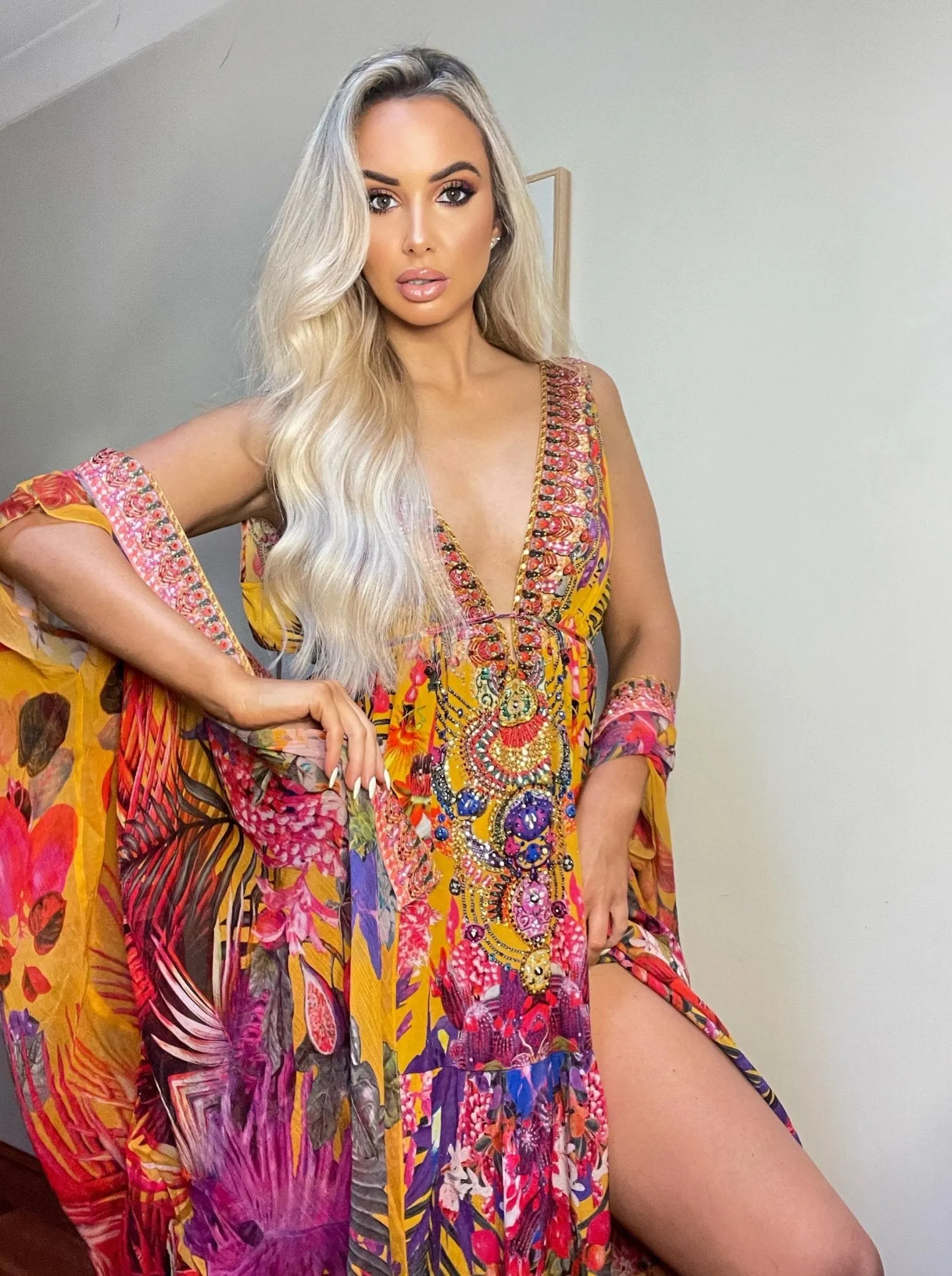 TROPICAL SUNSET V NECK HI LOW DRESS sold by Czarina product image thumbnail 4