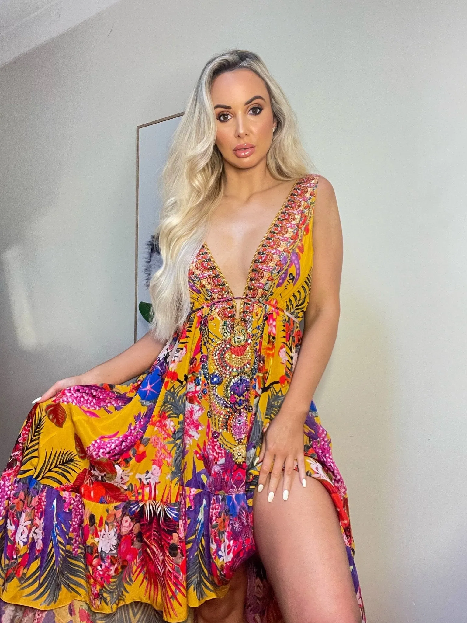 TROPICAL SUNSET V NECK HI LOW DRESS sold by Czarina