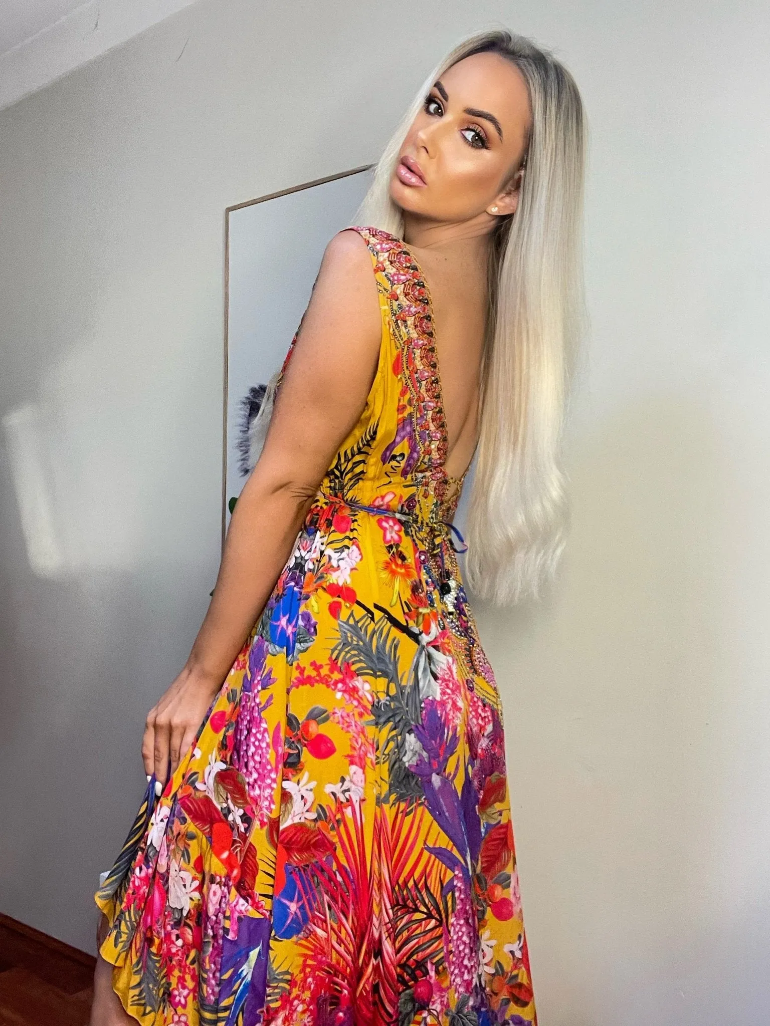 TROPICAL SUNSET V NECK HI LOW DRESS sold by Czarina product image thumbnail 2