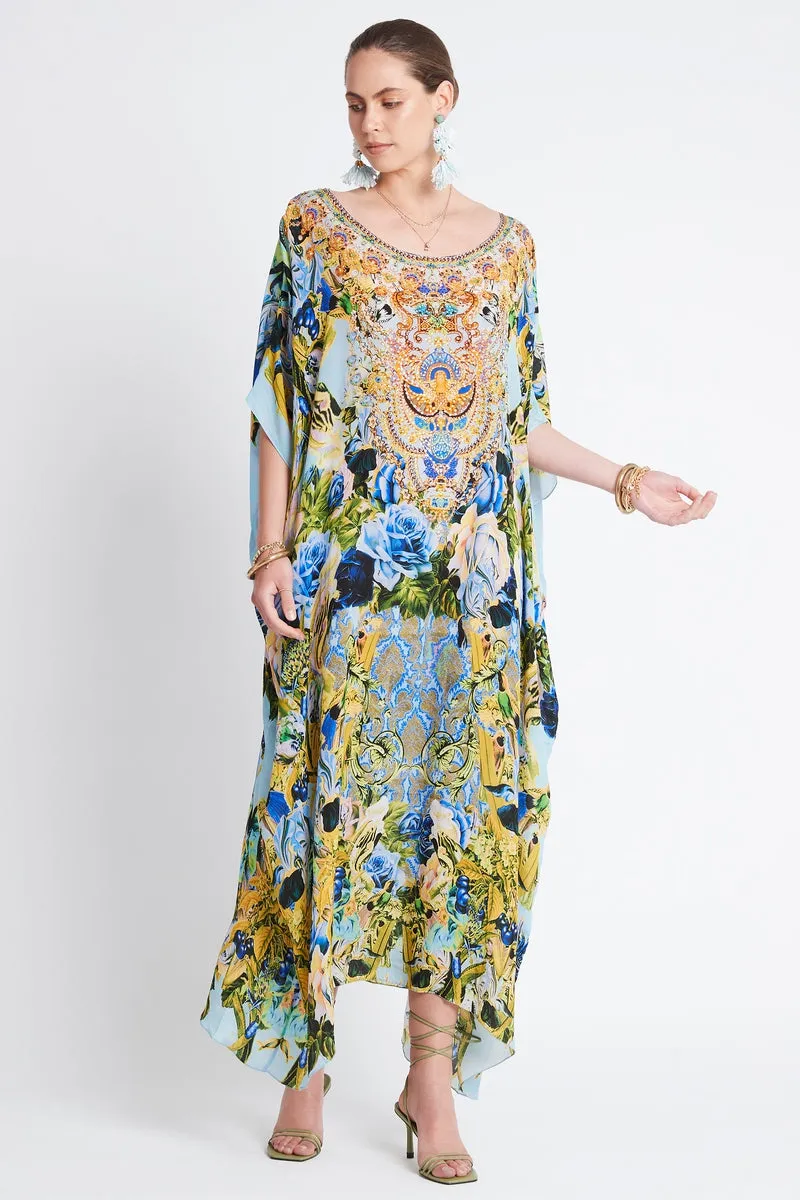 SUMMER BLUES ROUND-NECK SILK LONG KAFTAN sold by Czarina