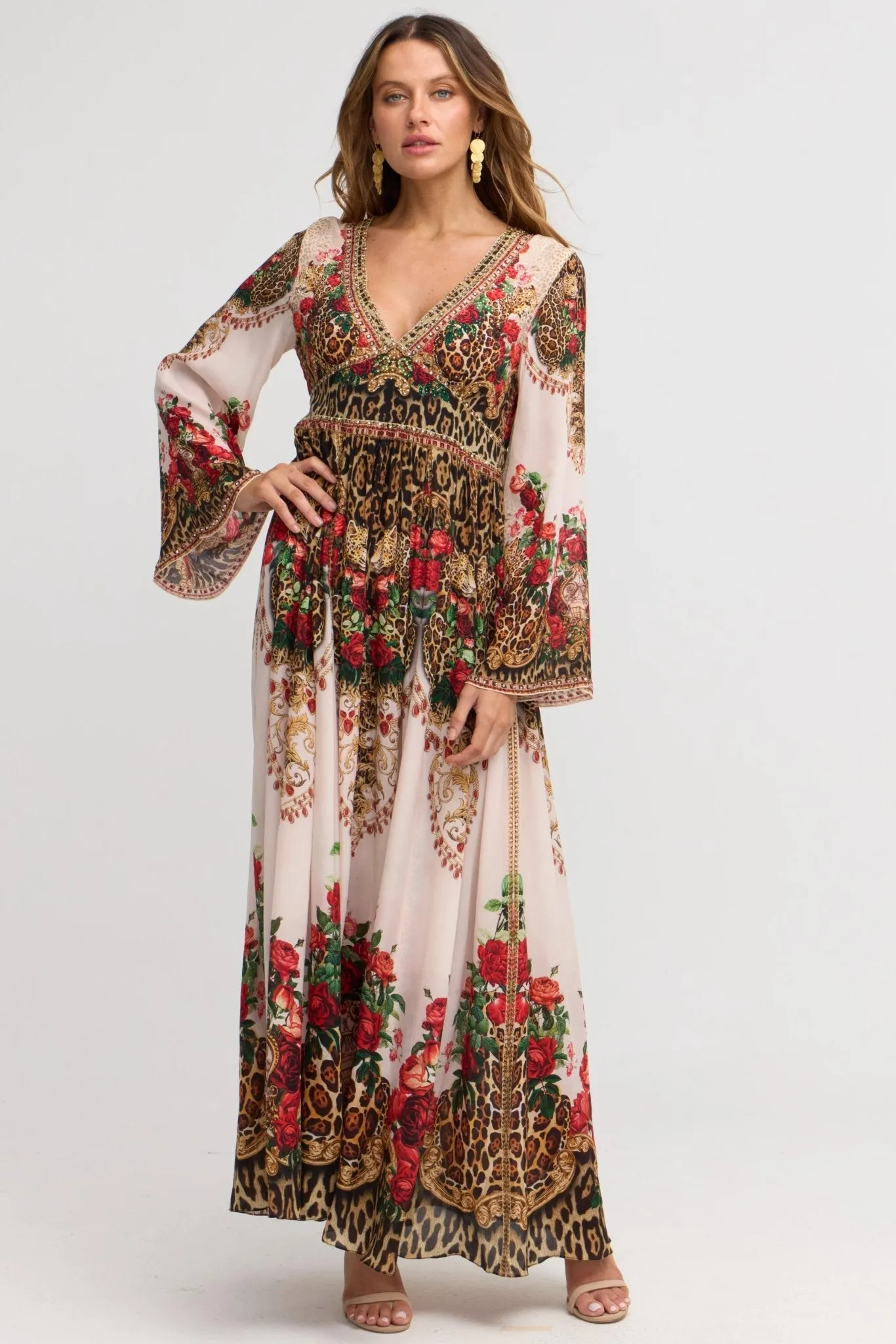 White Leopardess Maxi w Flare Sleeves sold by Czarina