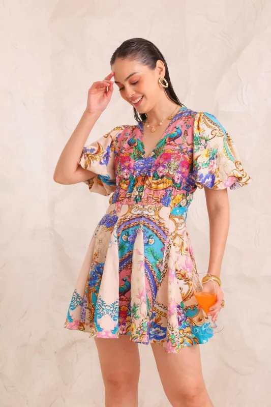 Peacock Dreams Short Dress w Puff Sleeves sold by Czarina