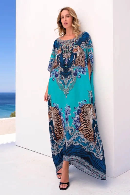 BLUE TIGRESS ROUND NECK LONG KAFTAN sold by Czarina
