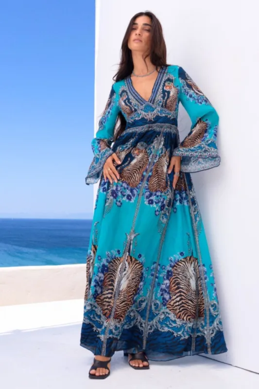 BLUE TIGRESS MAXI DRESS W FLARE SLEEVES sold by Czarina