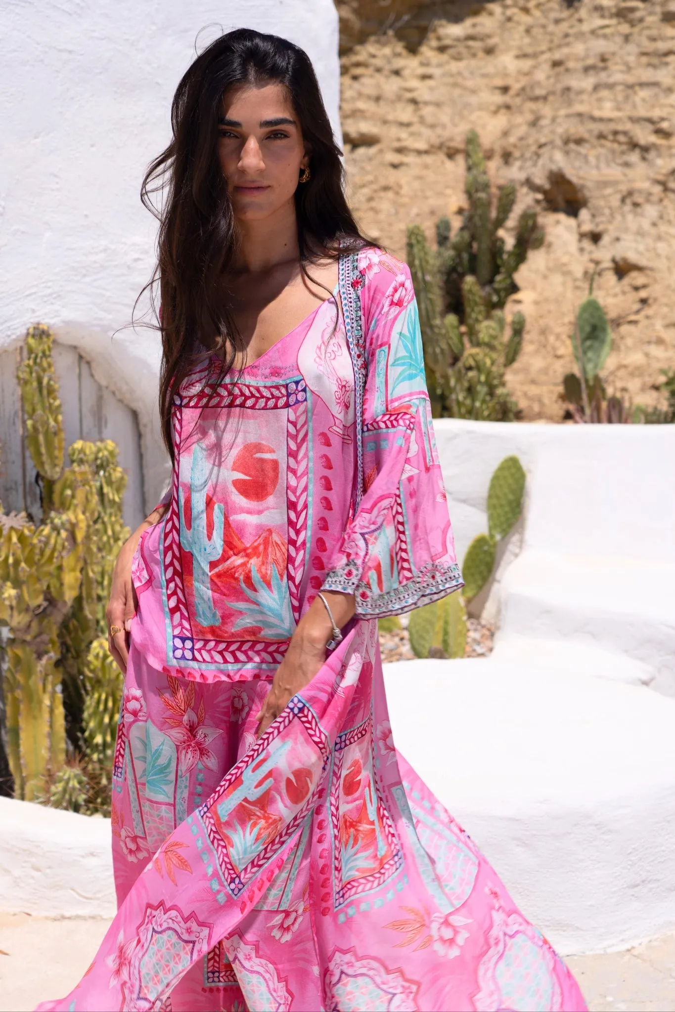 Pink Boho Long Jacket w Side Slit sold by Czarina product image thumbnail 4