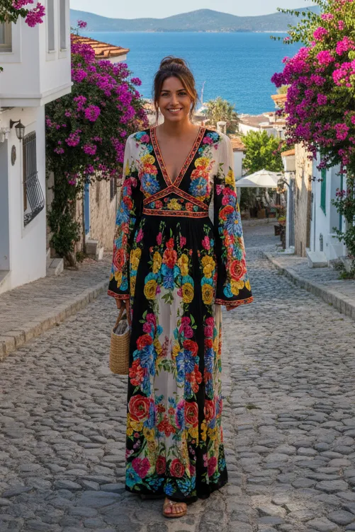 SPANISH FLOWER MAXI DRESS W FLARE SLEEVES sold by Czarina