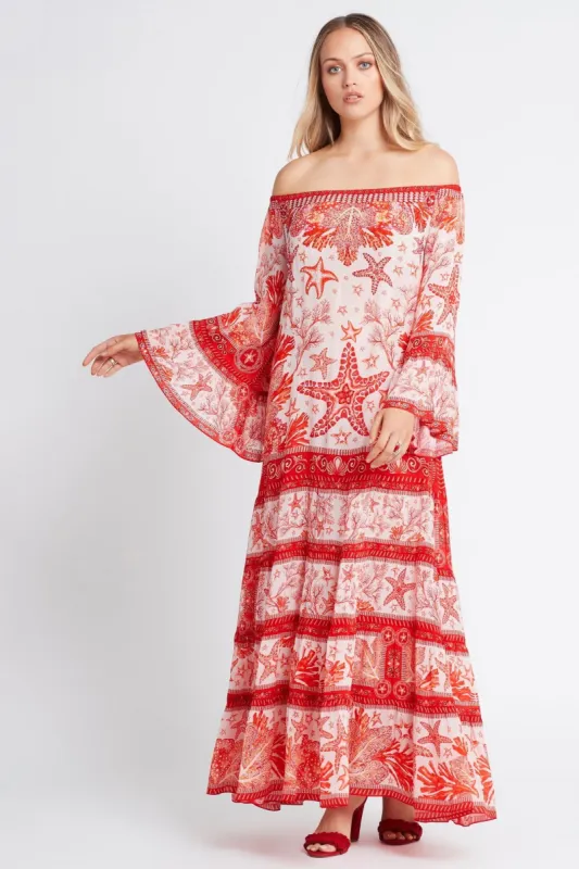RED CORAL OFF SHOULDER MAXI DRESS sold by Czarina