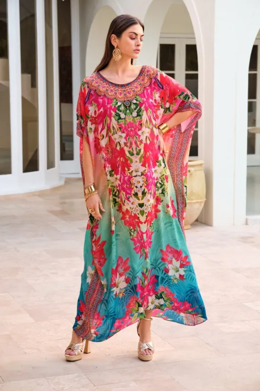 BLUE BLOSSOM ROUND NECK LONG KAFTAN sold by Czarina