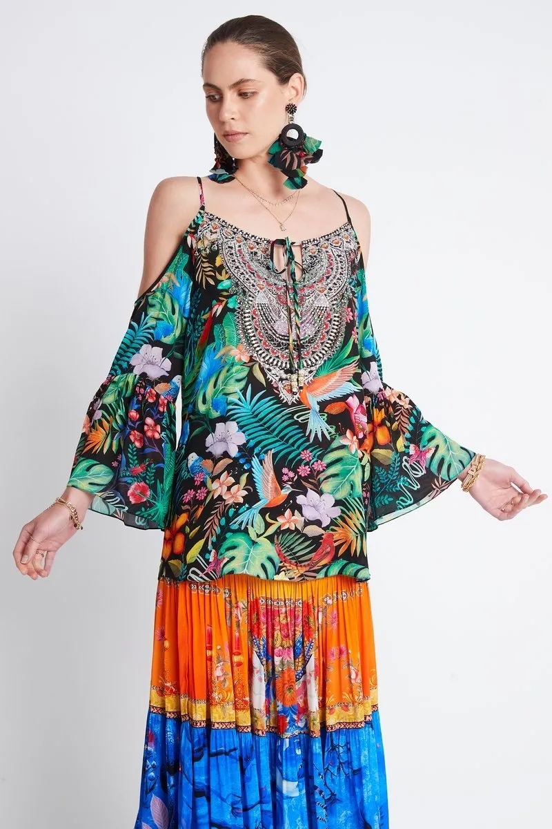 A NIGHT IN RIO COLD SHOULDER FRILL TOP sold by Czarina