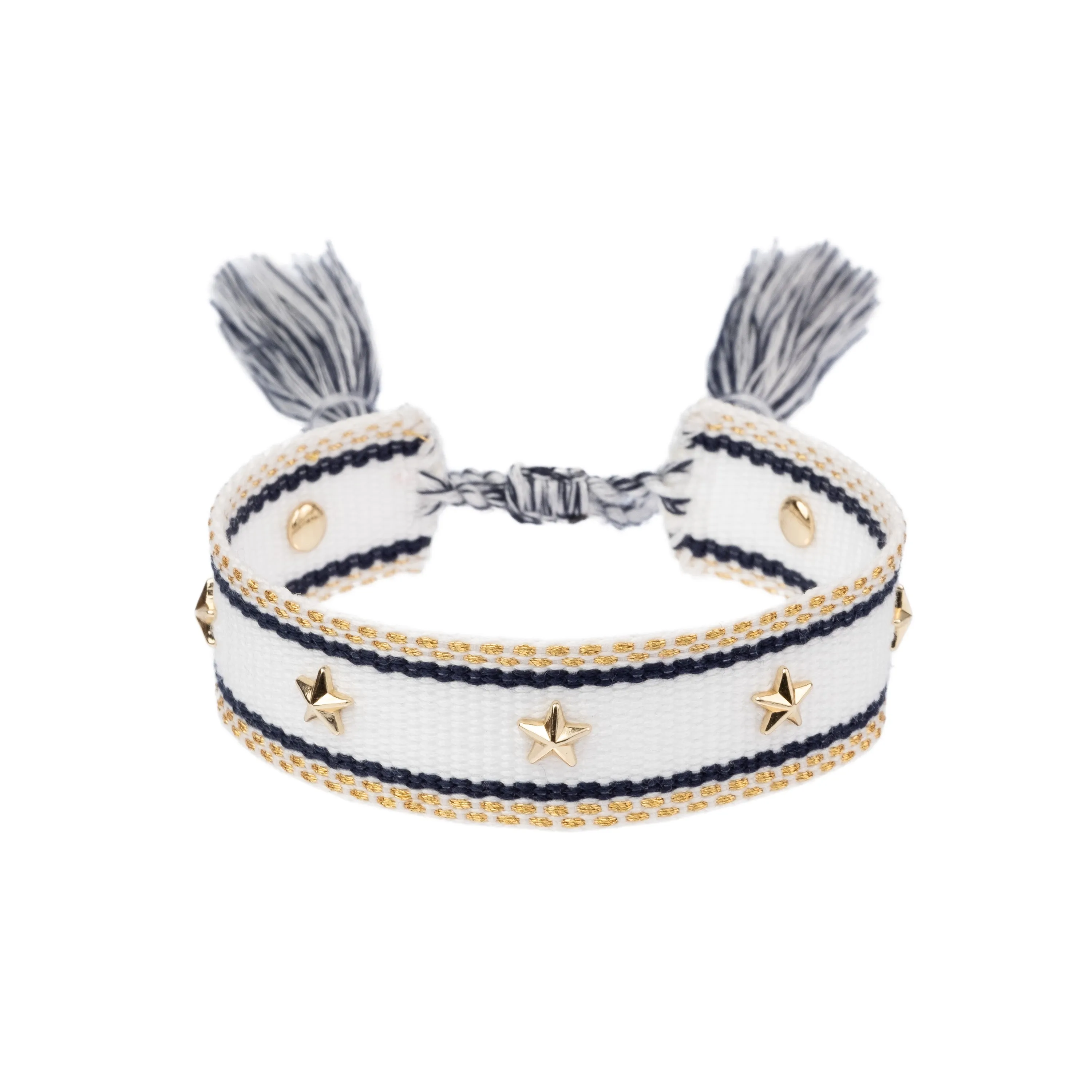 WOVEN FRIENDSHIP BRACELET W/STAR STUDS WHITE W/NAVY BLUE & GOLD sold by DARK Department