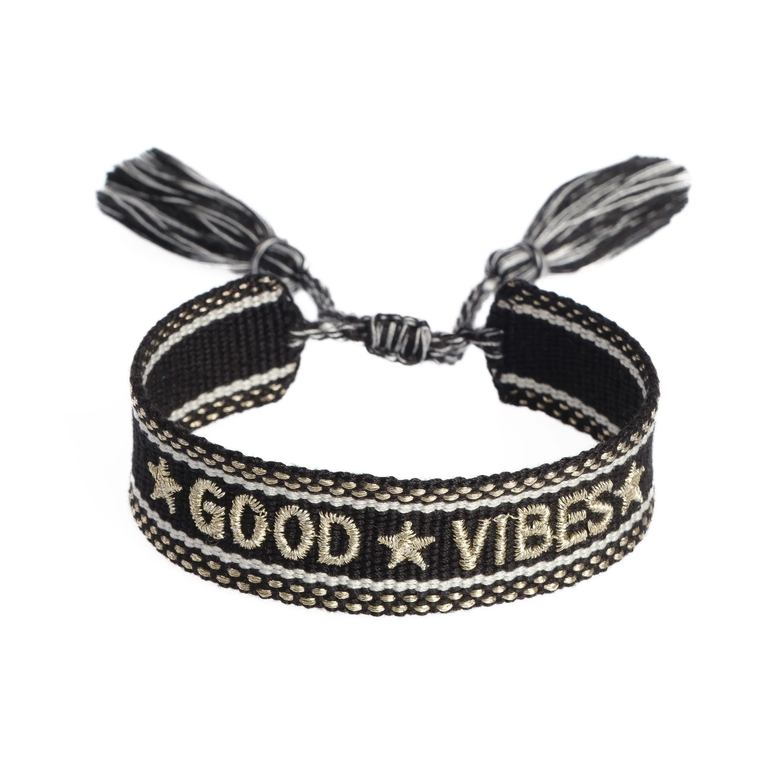 WOVEN FRIENDSHIP BRACELET "GOOD VIBES" BLACK W/GOLD sold by DARK Department