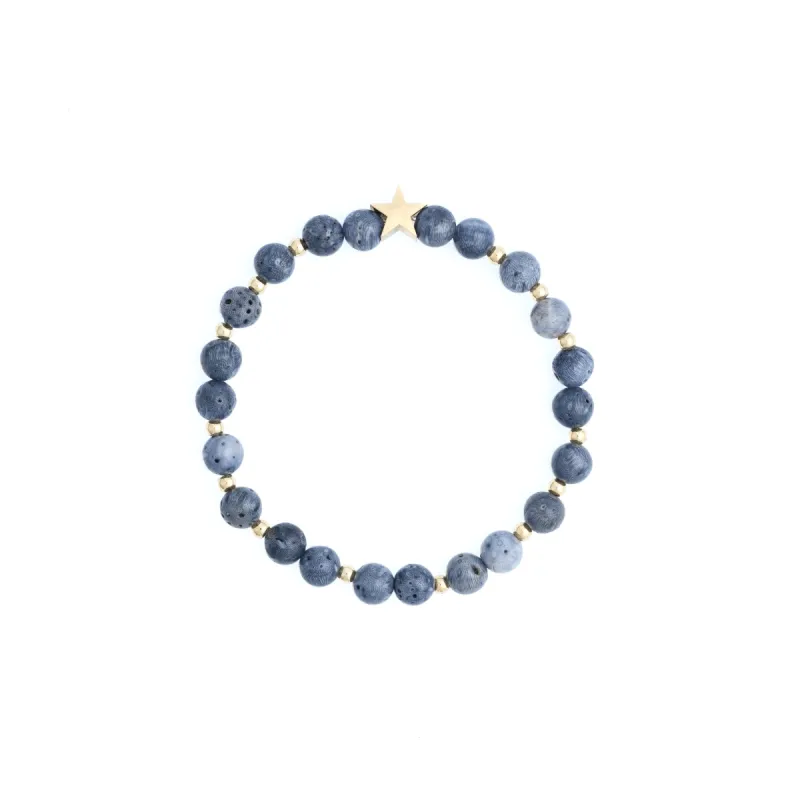 STONE BEAD BRACELET 6 MM W/GOLD BEADS STEEL BLUE sold by DARK Department