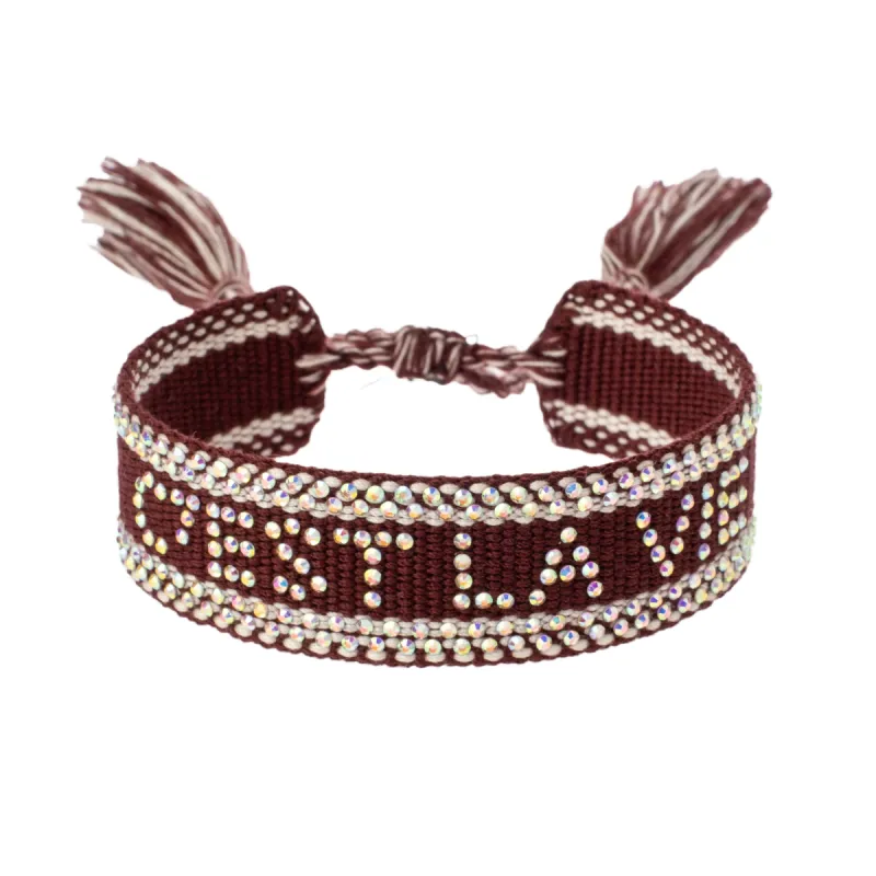 WOVEN FRIENDSHIP BRACELET W/CRYSTALS "C'est La Vie" Maroon sold by DARK Department