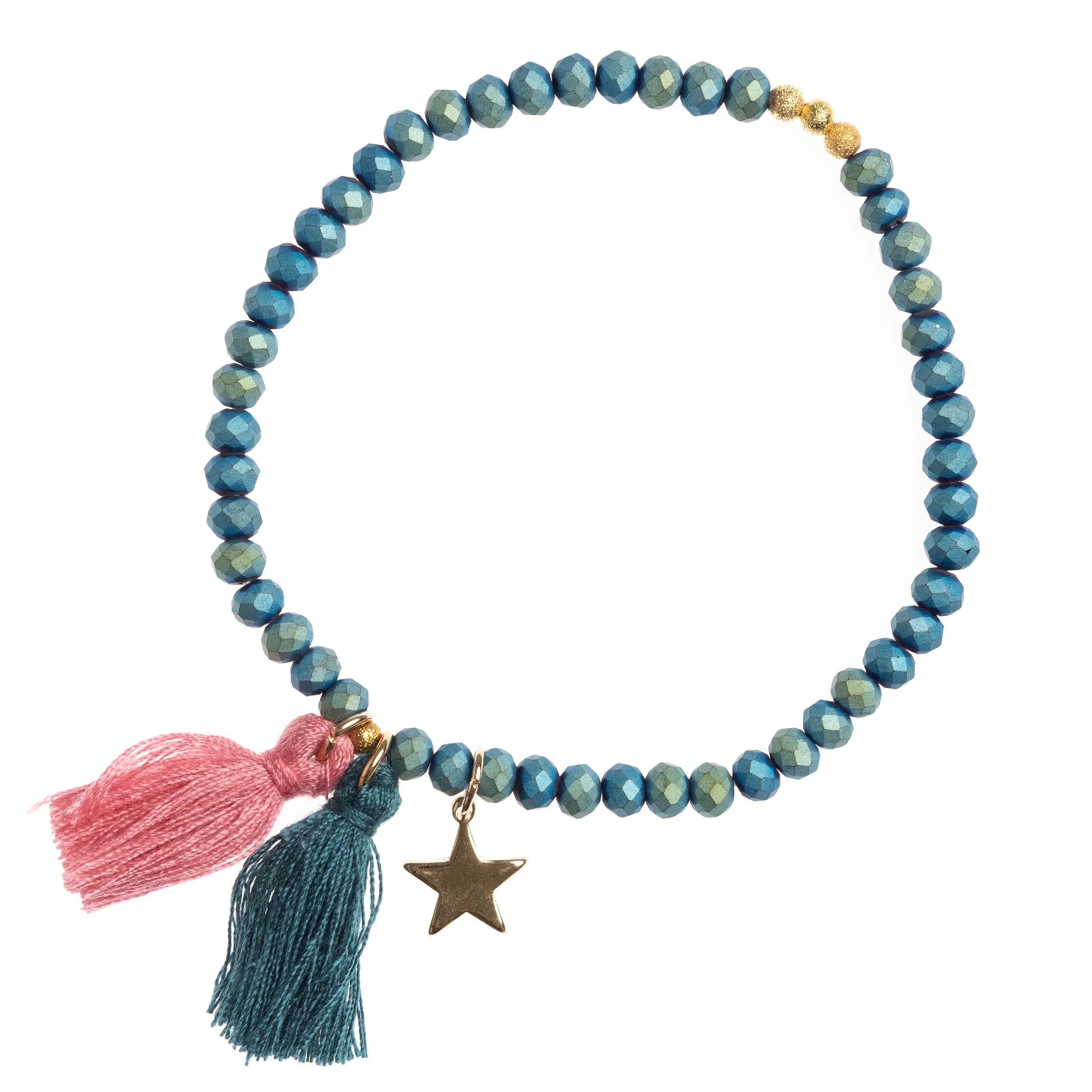 CRYSTAL BEAD BRACELET 4 MM W/TASSEL MALLARD GREEN W/BLUSH ROSE sold by DARK Department