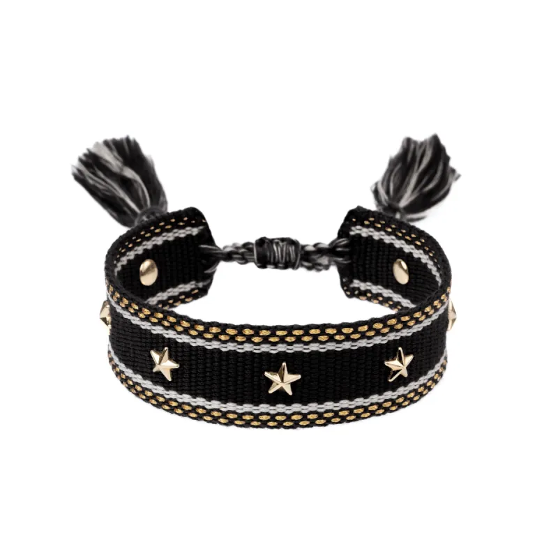 WOVEN FRIENDSHIP BRACELET W/STAR STUDS BLACK W/GOLD sold by DARK Department
