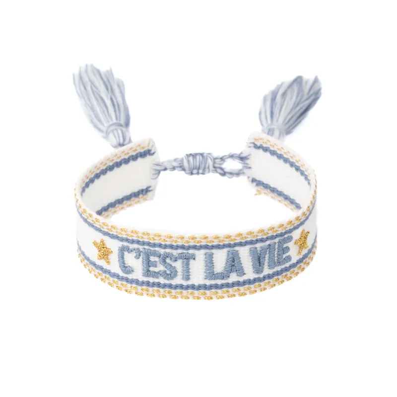 WOVEN FRIENDSHIP BRACELET "C'est La Vie" White W/Light Blue & Gold sold by DARK Department