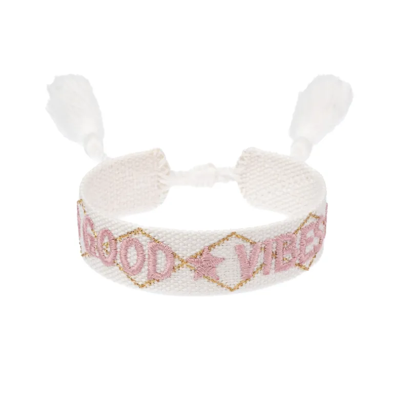 WOVEN FRIENDSHIP BRACELET "Good Vibes" White W/Light Rose & Gold sold by DARK Department