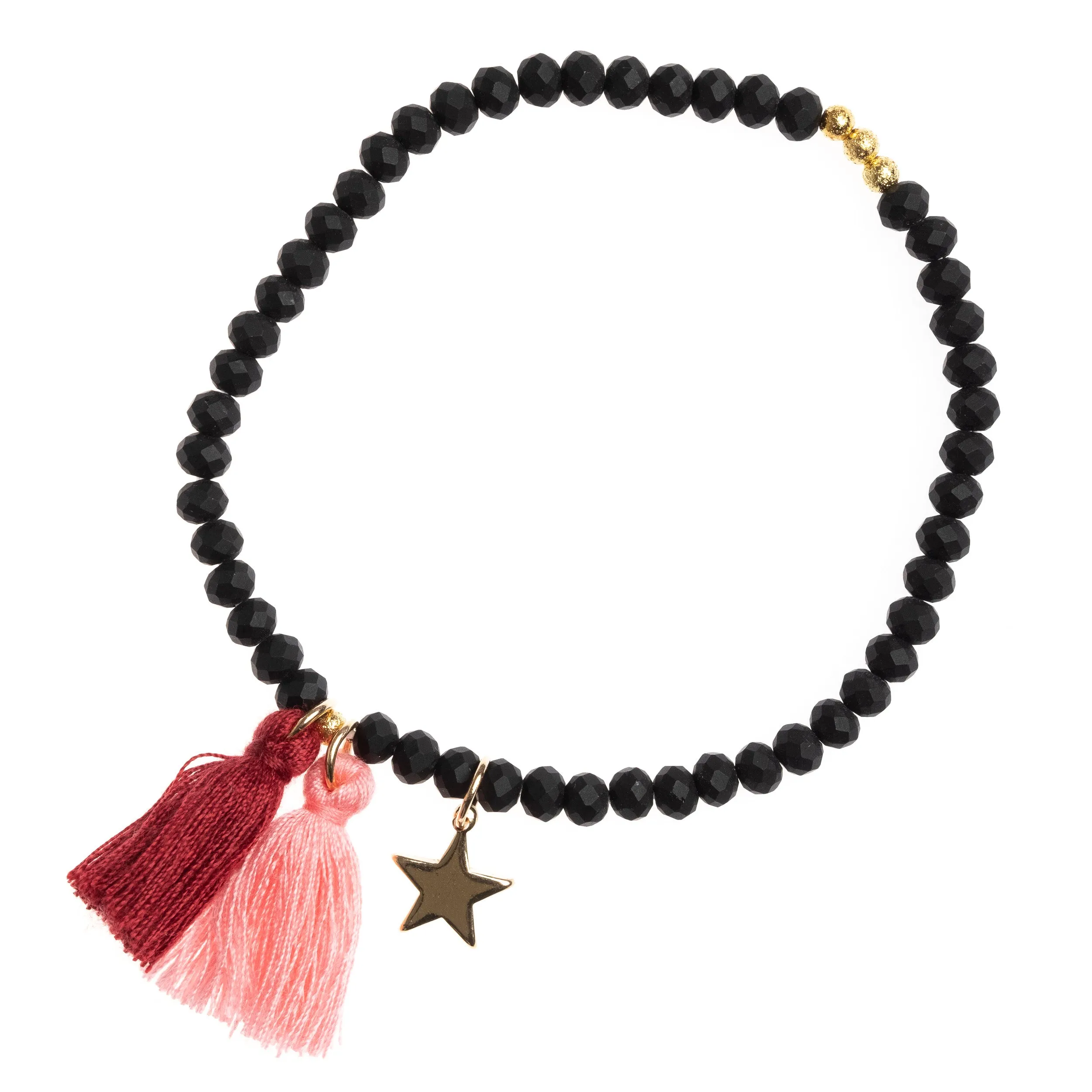 CRYSTAL BEAD BRACELET 4 MM W/TASSEL BLACK MATTE W/OX RED / BLUSH ROSE sold by DARK Department