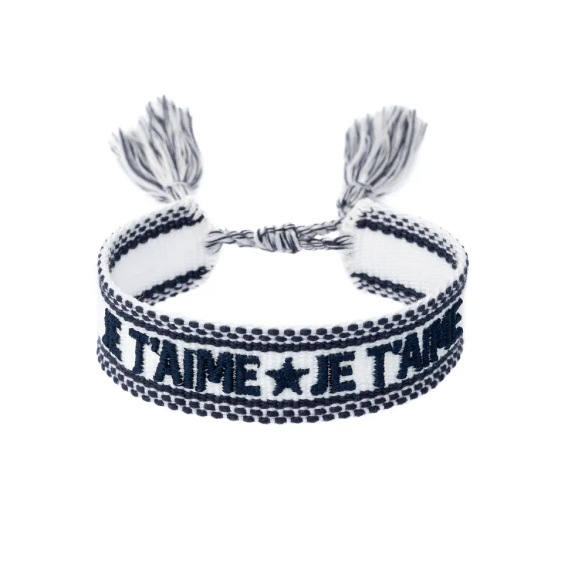 WOVEN FRIENDSHIP BRACELET "Je T'aime" White W/Navy Blue sold by DARK Department