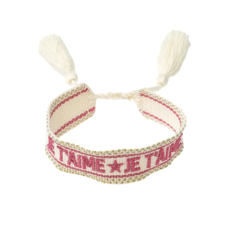 WOVEN FRIENDSHIP BRACELET - "Je T'aime" Off White W/Sparkled Geranium Pink sold by DARK Department