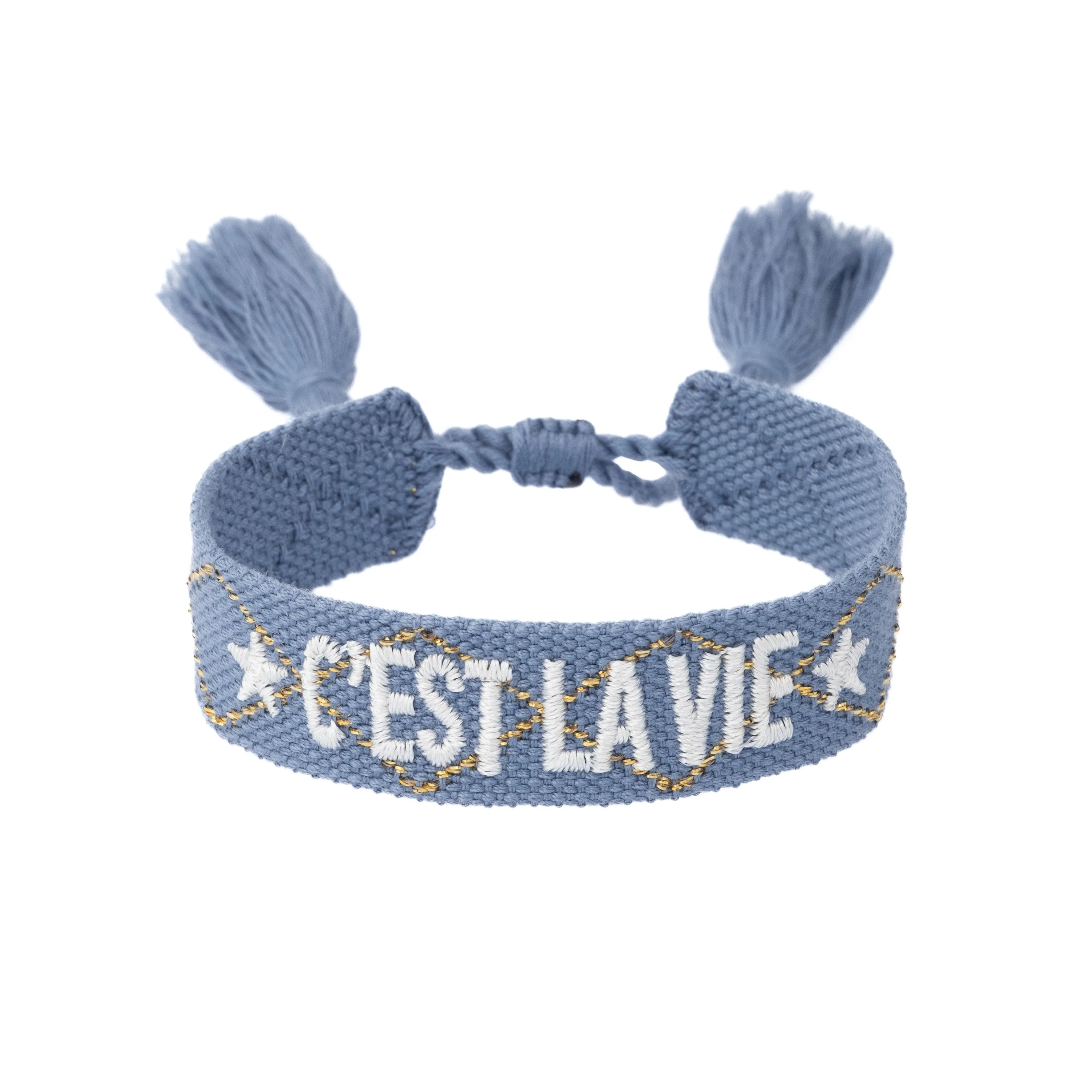 WOVEN FRIENDSHIP BRACELET "C'est La Vie" Light Blue W/Gold sold by DARK Department