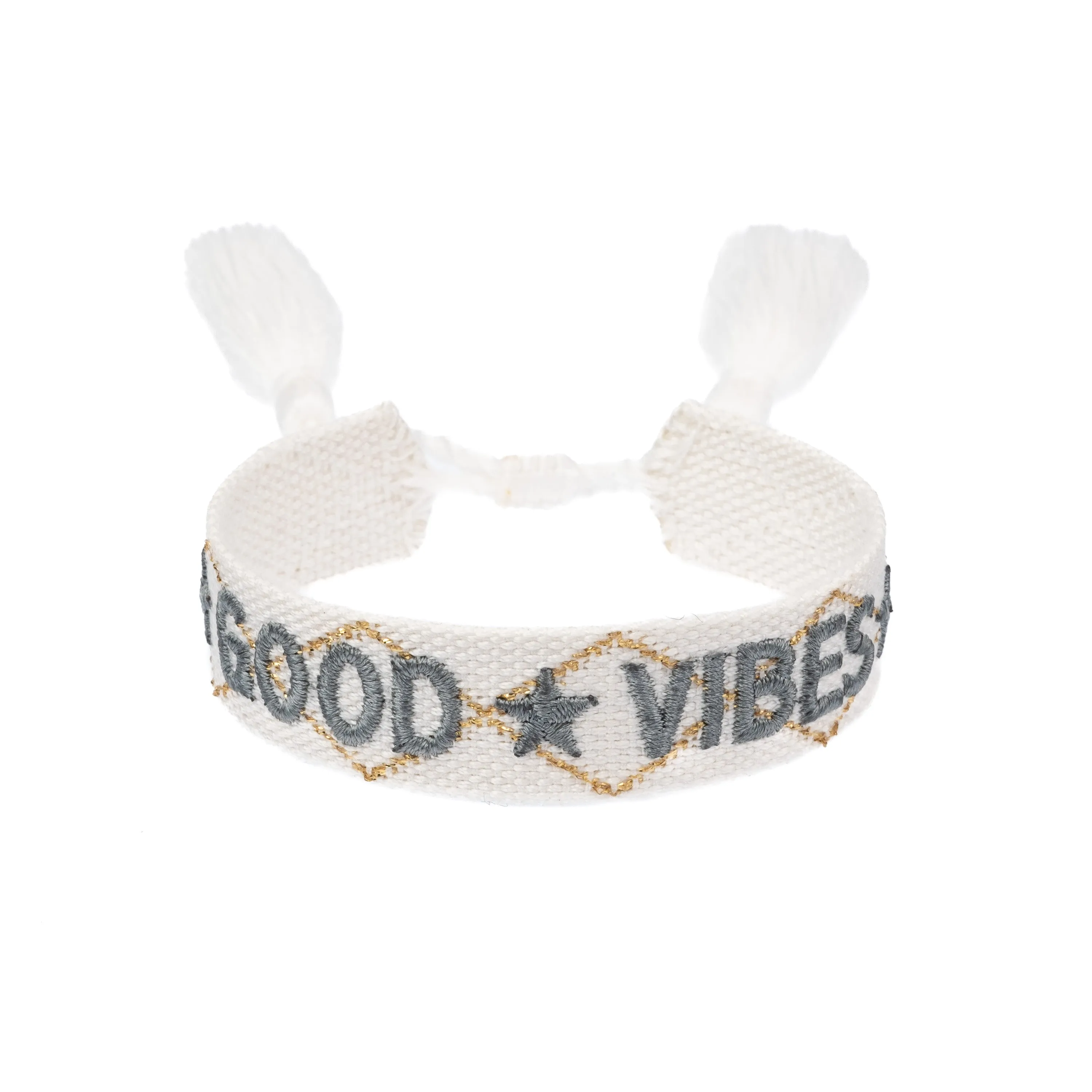WOVEN FRIENDSHIP BRACELET "Good Vibes" White W/Teal & Gold sold by DARK Department