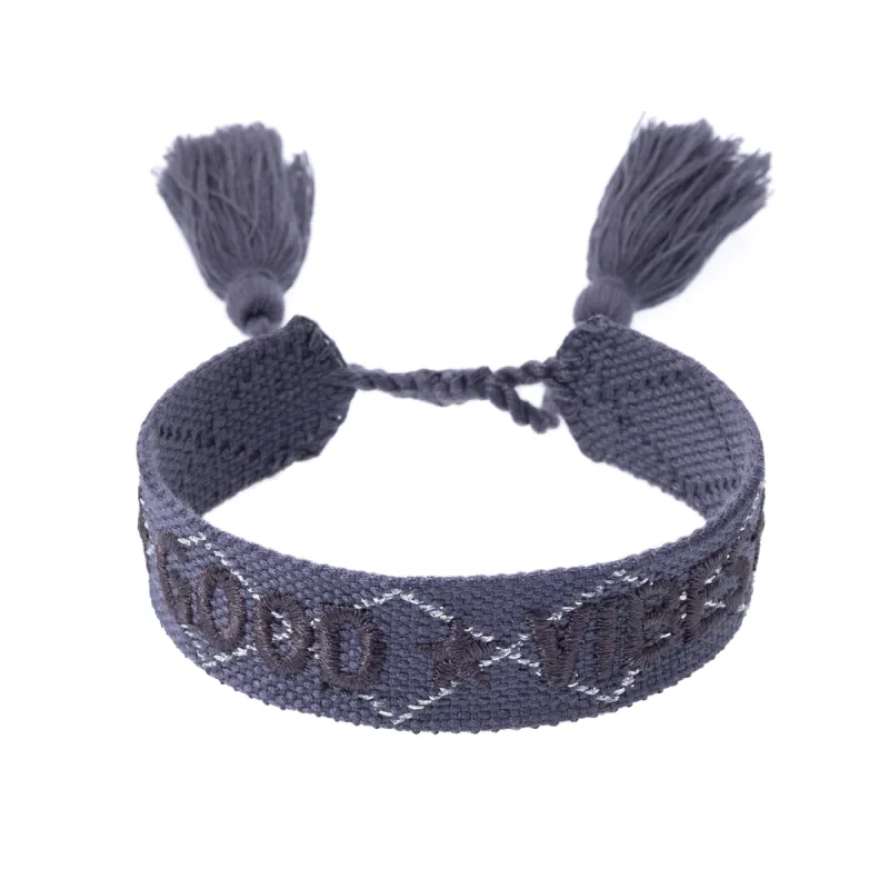 WOVEN FRIENDSHIP BRACELET "Good Vibes" Steel Blue W/Silver sold by DARK Department