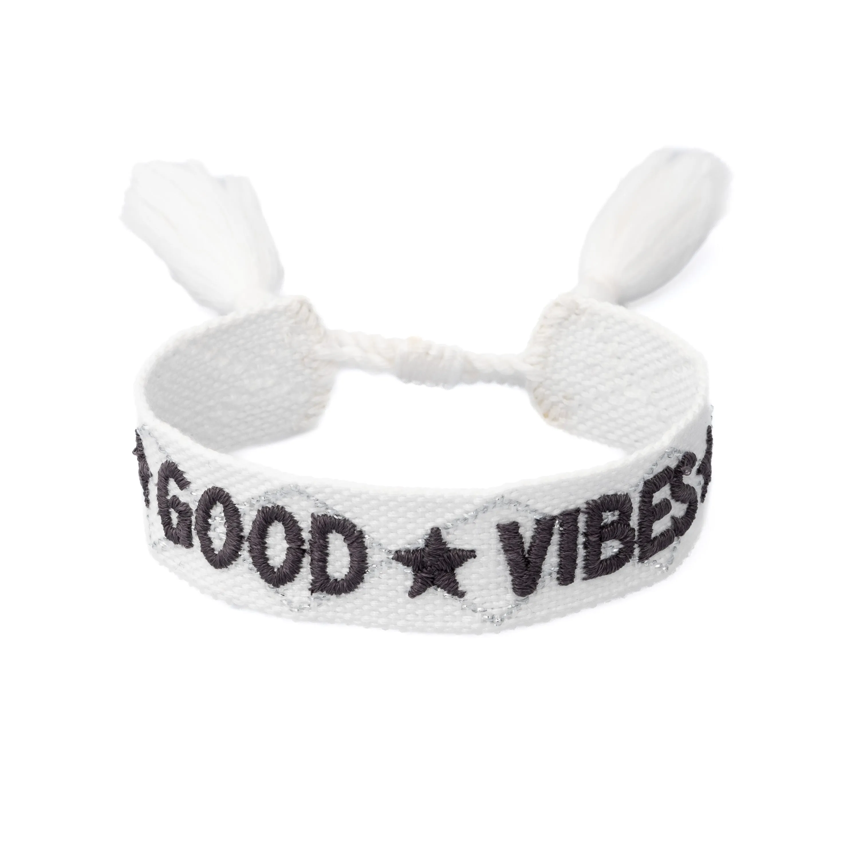 WOVEN FRIENDSHIP BRACELET "Good Vibes" White W/Steel Blue & Silver sold by DARK Department