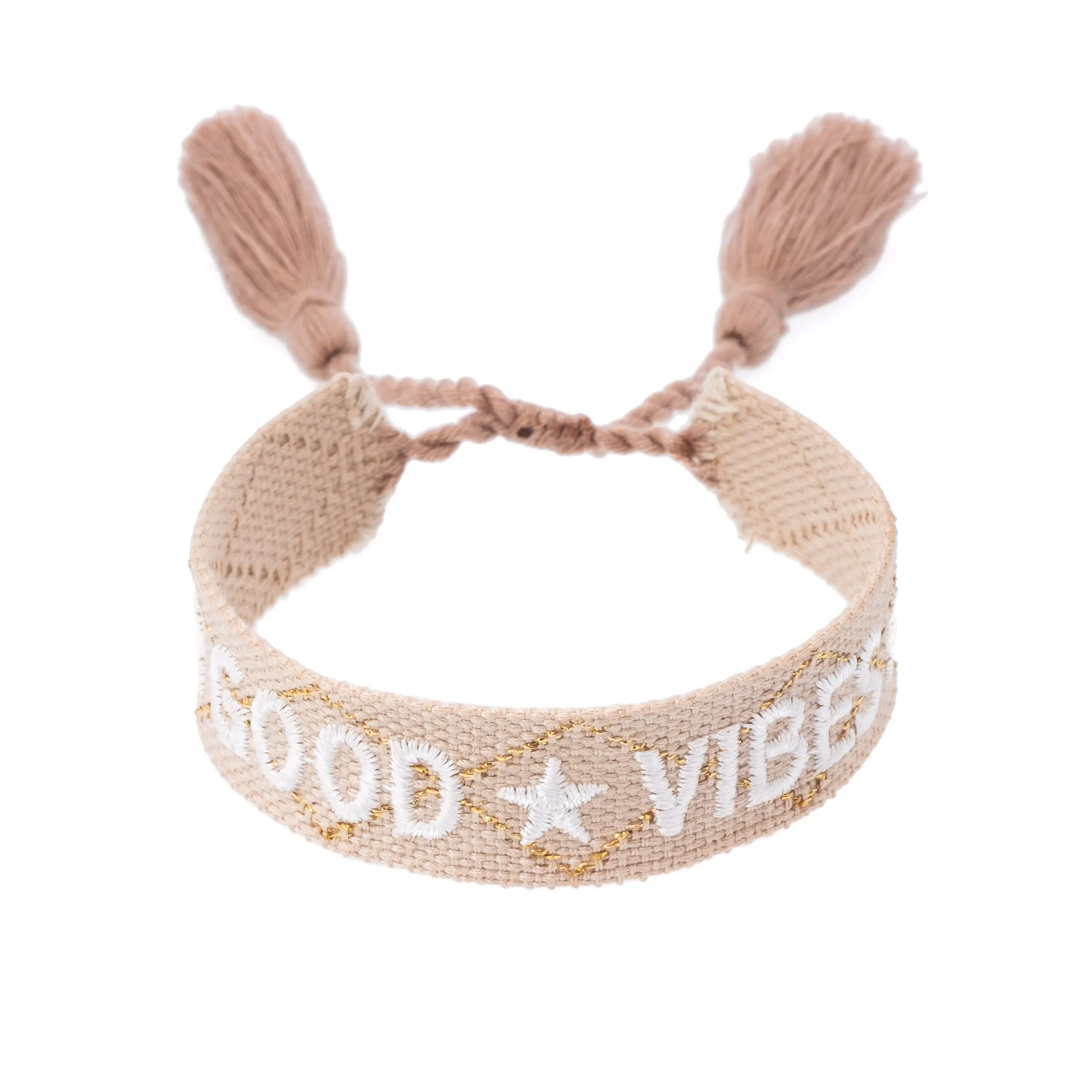WOVEN FRIENDSHIP BRACELET "Good Vibes" Sand W/Gold sold by DARK Department