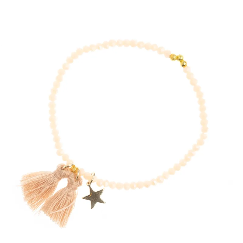 CRYSTAL BEAD BRACELET 3 MM W/TASSEL CAMEL sold by DARK Department