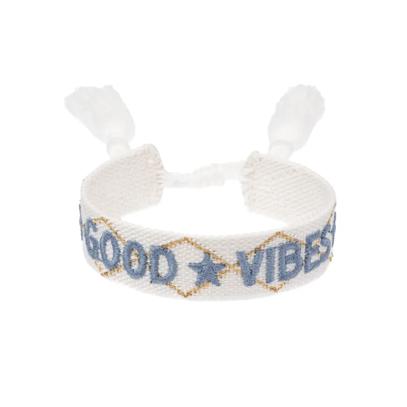 WOVEN FRIENDSHIP BRACELET "Good Vibes" White W/Light Blue & Gold sold by DARK Department
