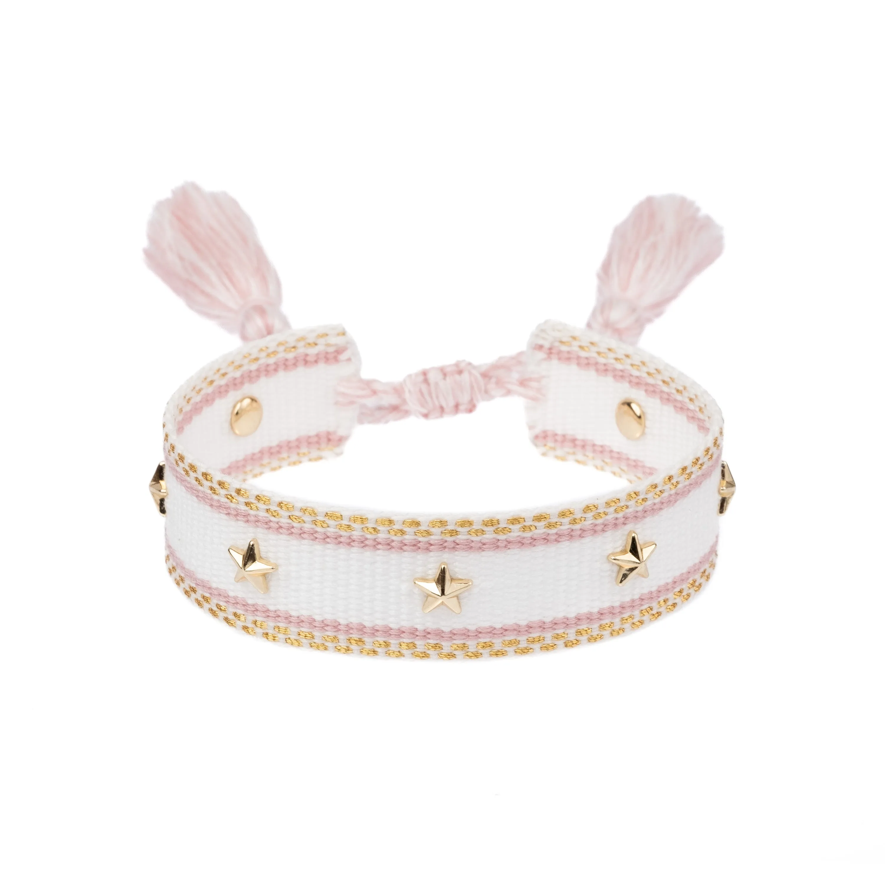 WOVEN FRIENDSHIP BRACELET W/STAR STUDS WHITE W/LIGHT ROSE & GOLD sold by DARK Department