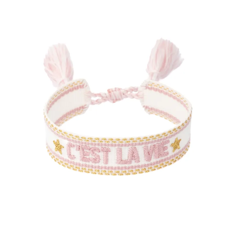 WOVEN FRIENDSHIP BRACELET "C'est La Vie" White W/Light Rose & Gold sold by DARK Department