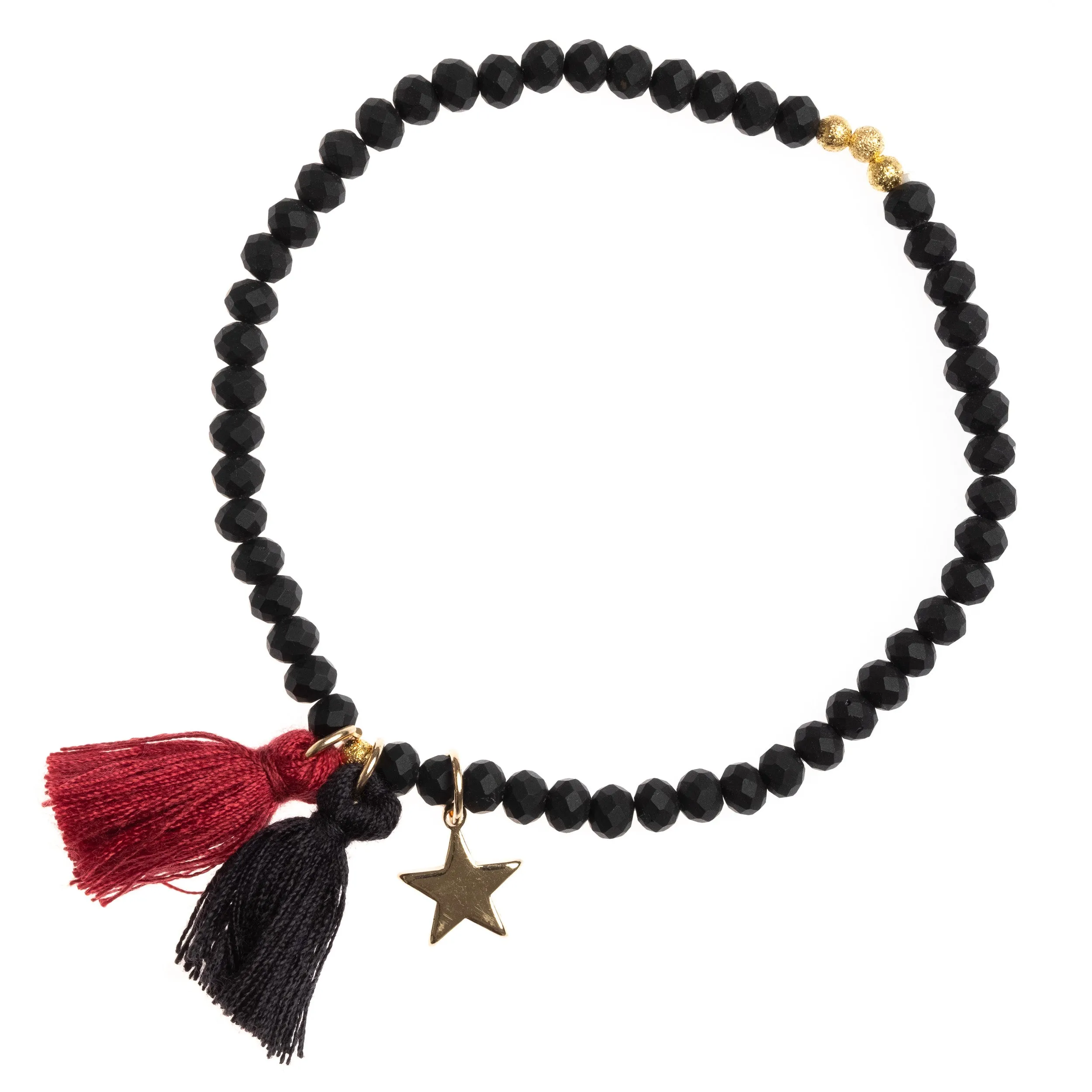 CRYSTAL BEAD BRACELET 4 MM W/TASSEL BLACK MATTE W/OX RED sold by DARK Department