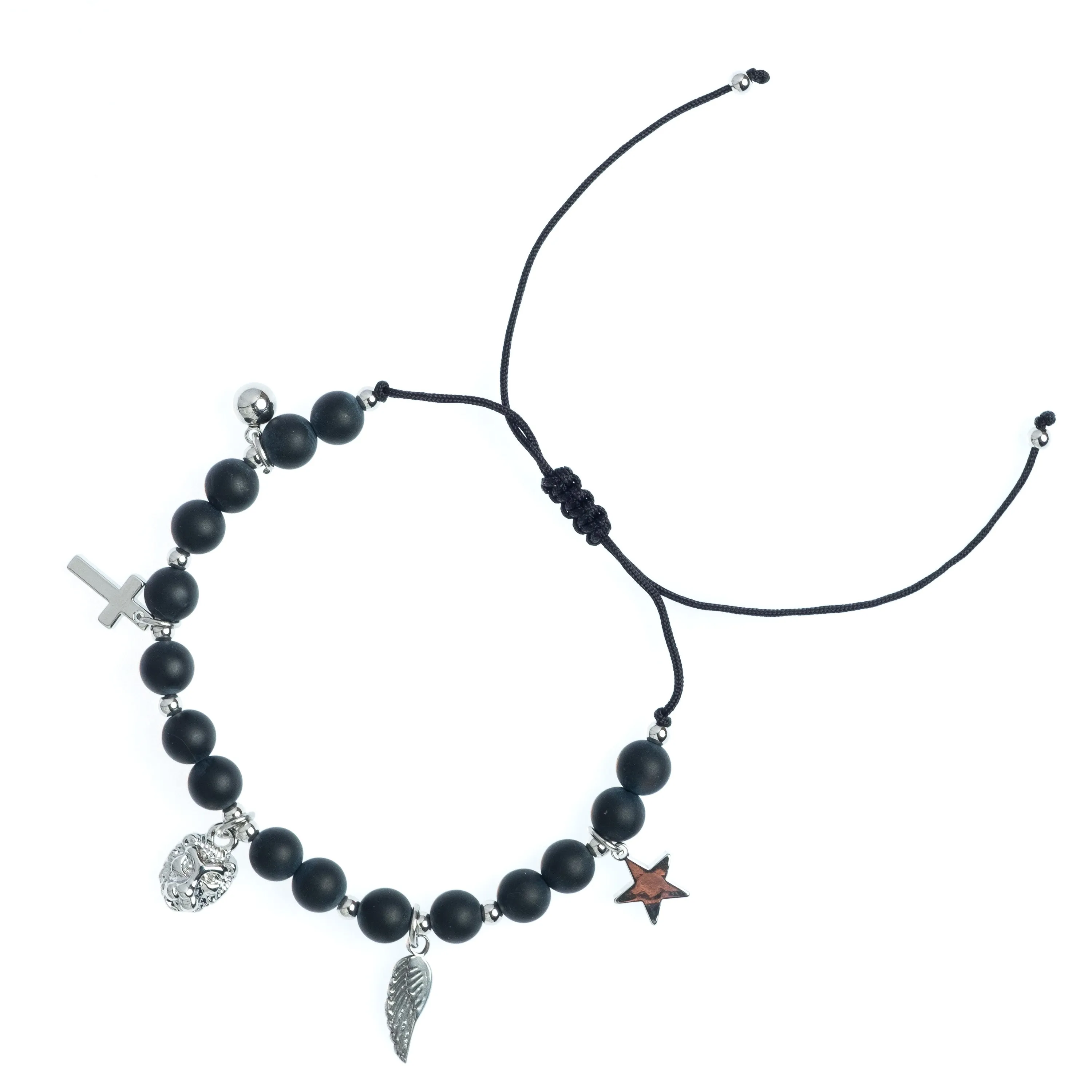 STONE BEAD BRACELET 6 MM W/CHARMS - MATTE BLACK W/SILVER sold by DARK Department