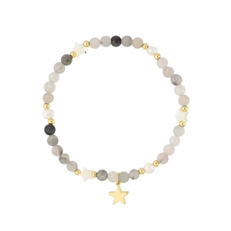 STONE BEAD BRACELET W/MOP STAR & PEARLS COOL GREY sold by DARK Department