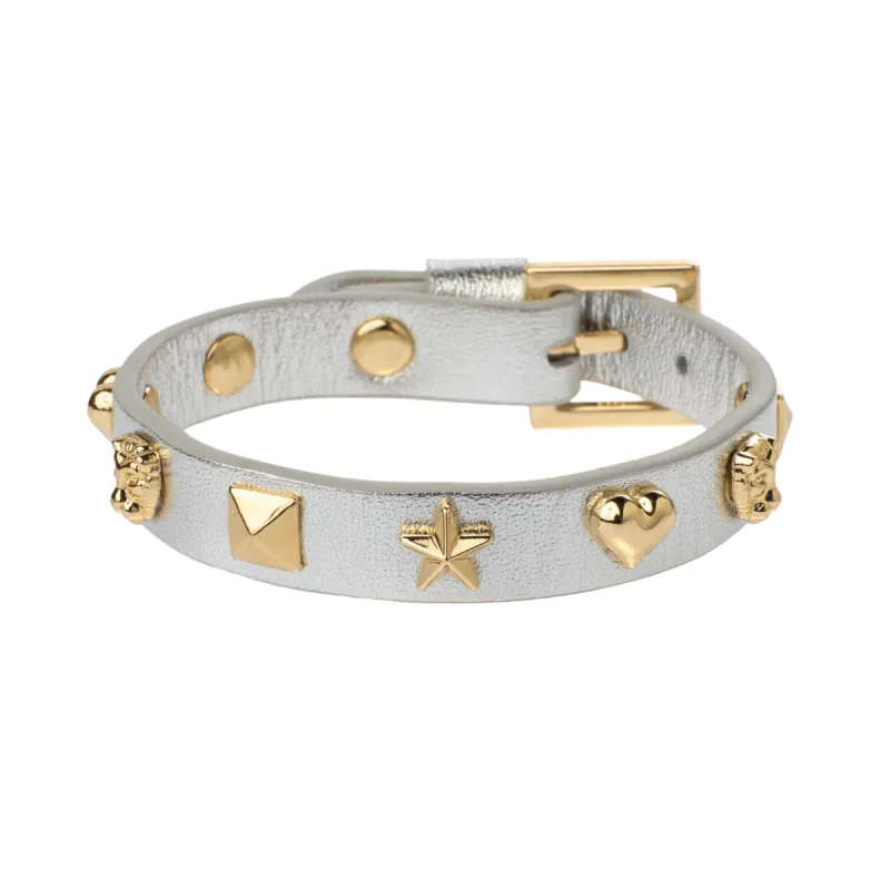 LEATHER SIGN STUD BRACELET SILVER METALLIC sold by DARK Department