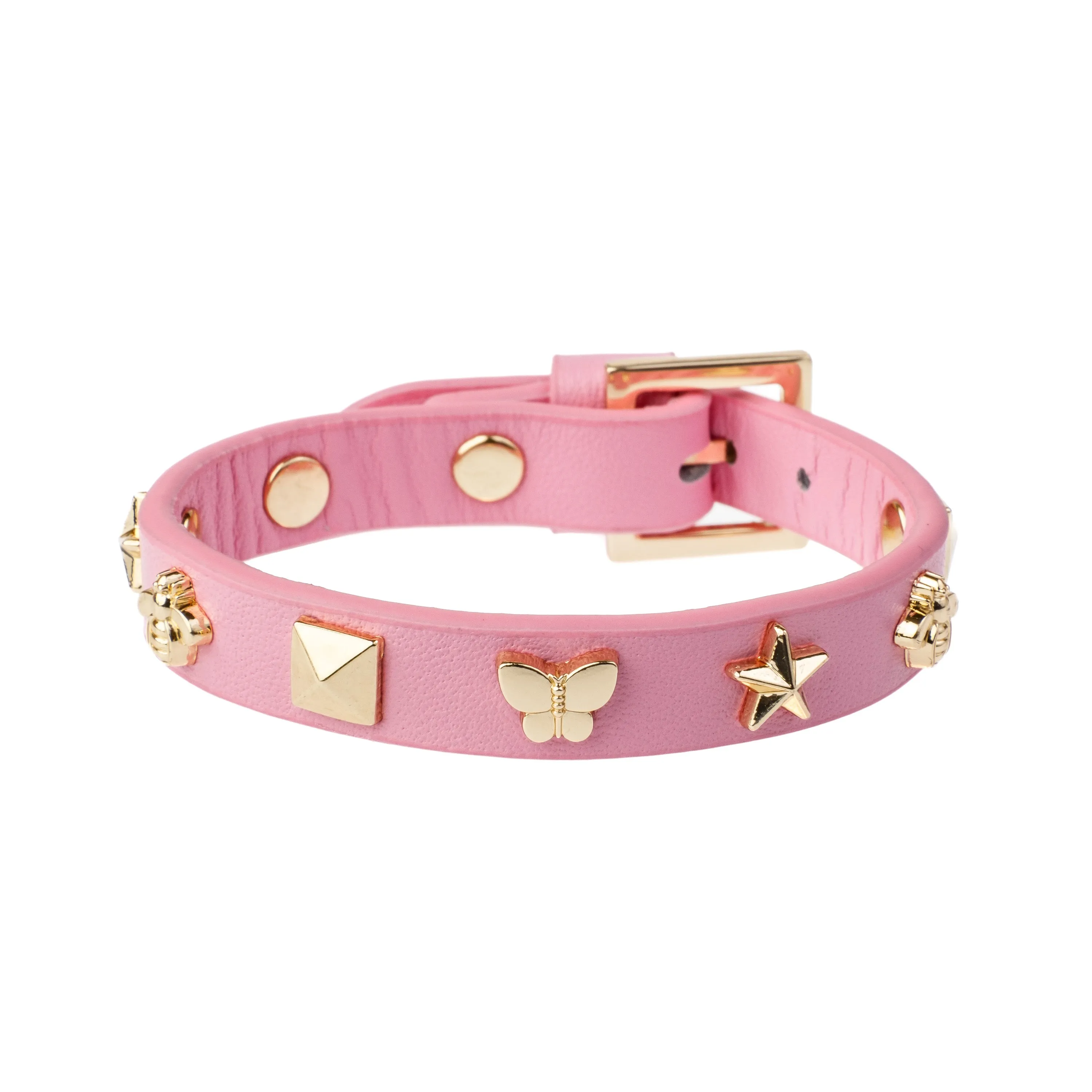LEATHER SIGN STUD BRACELET BUBBLEGUM PINK sold by DARK Department