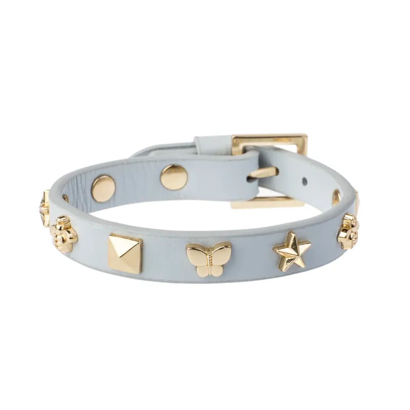 LEATHER SIGN STUD BRACELET COOL BLUE sold by DARK Department
