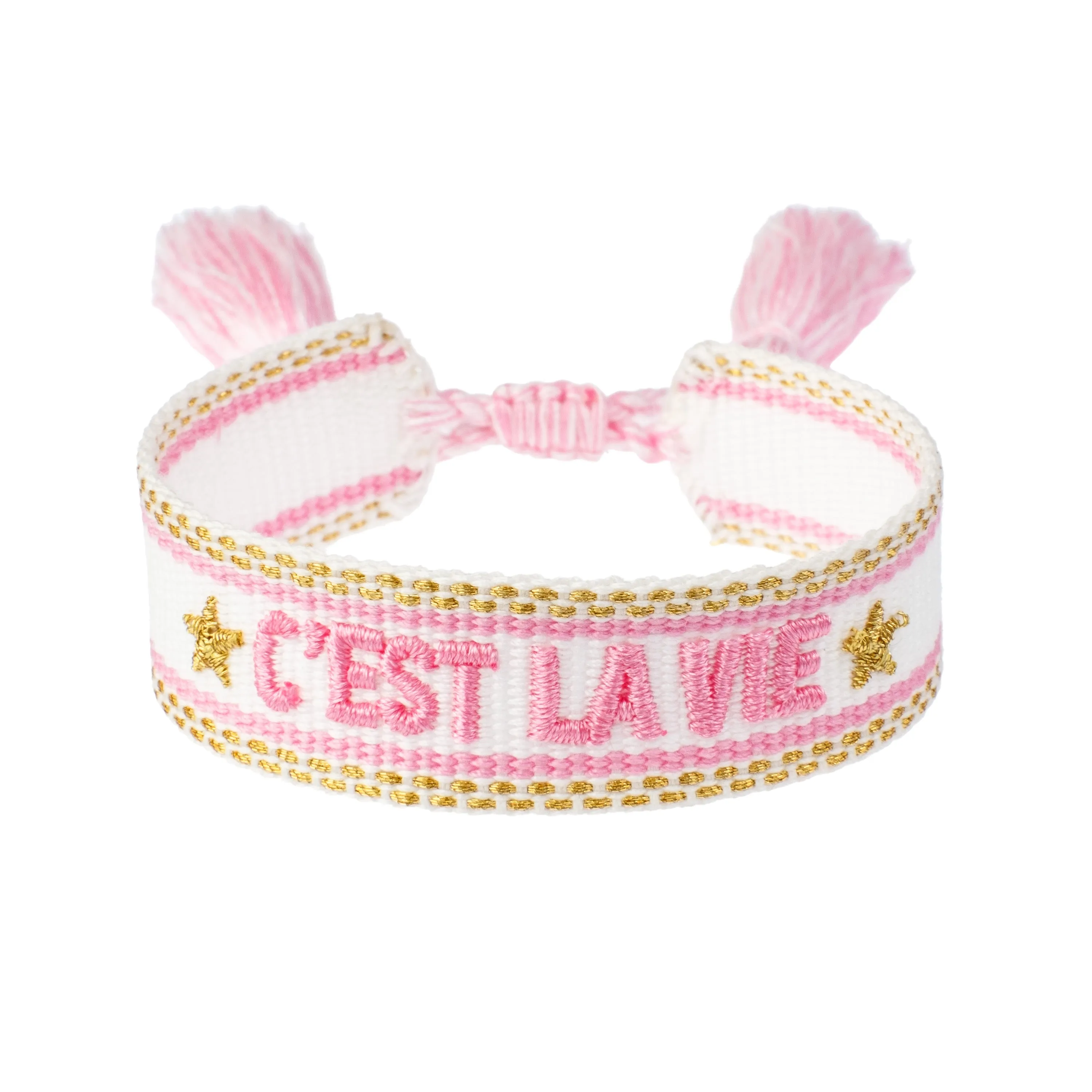 Woven Friendship Bracelet "C'est La Vie" White W/Bubblegum Pink & Gold sold by DARK Department