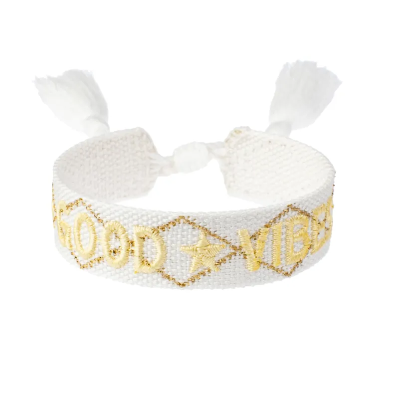 Woven Friendship Bracelet "Good Vibes" White W/Pale Yellow & Gold sold by DARK Department