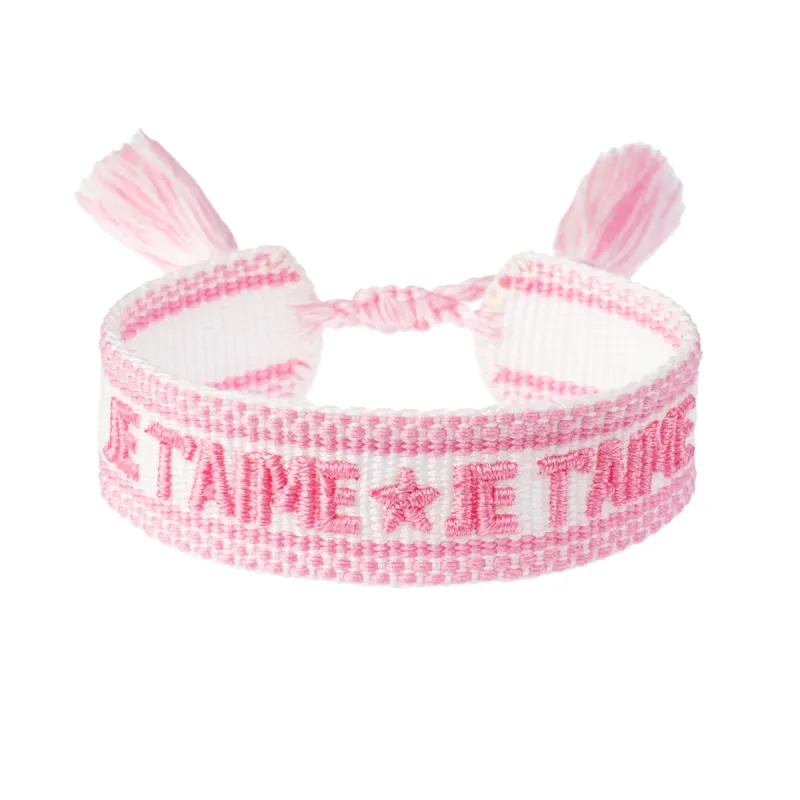Woven Friendship Bracelet "Je T'aime" White W/Bubblegum Pink sold by DARK Department