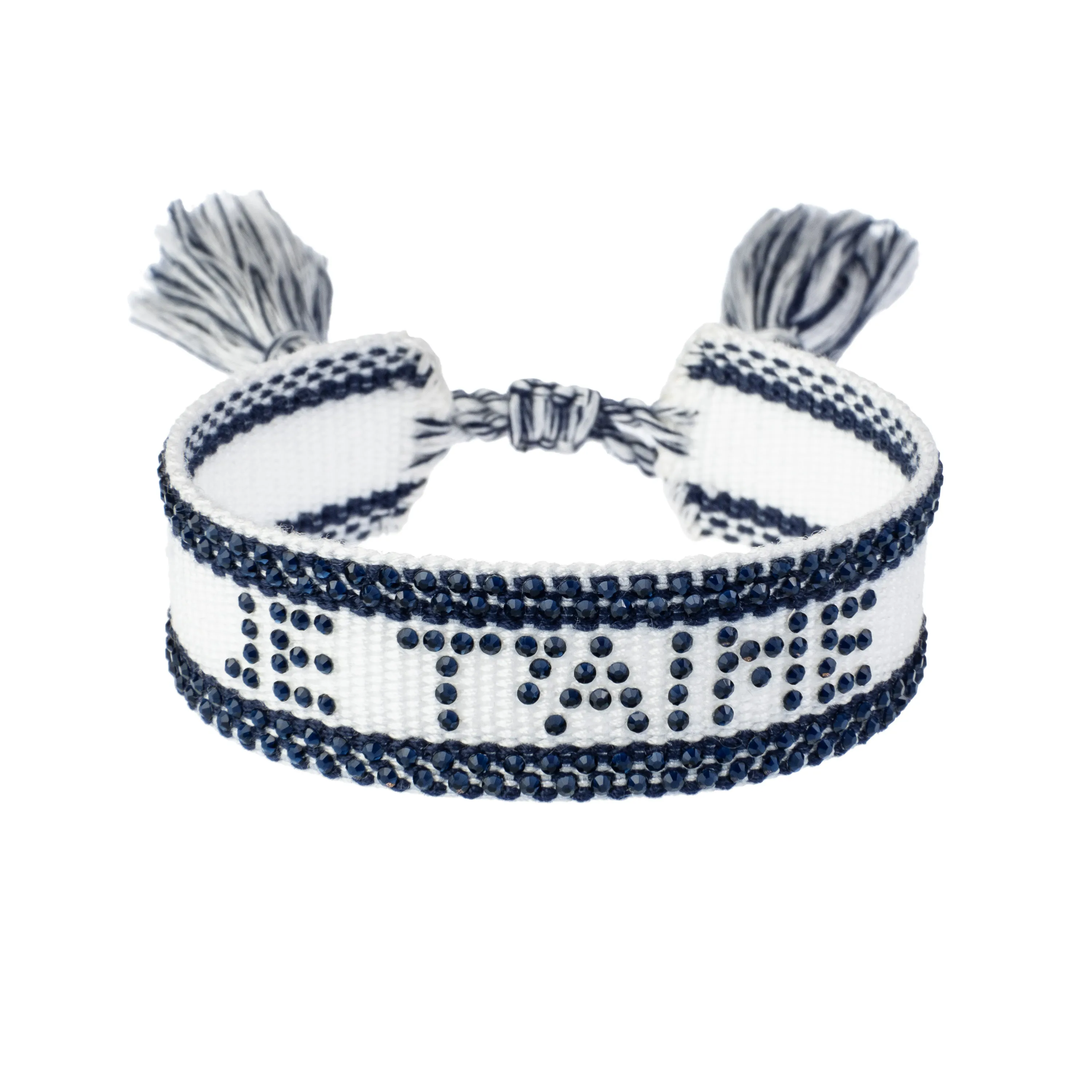 WOVEN FRIENDSHIP BRACELET W/CRYSTALS "Je T'aime" White W/Navy Blue sold by DARK Department