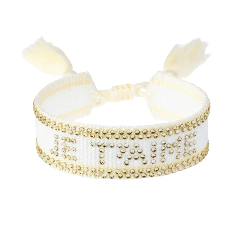 WOVEN FRIENDSHIP BRACELET W/CRYSTALS "Je T'aime" White W/Pale Yellow sold by DARK Department