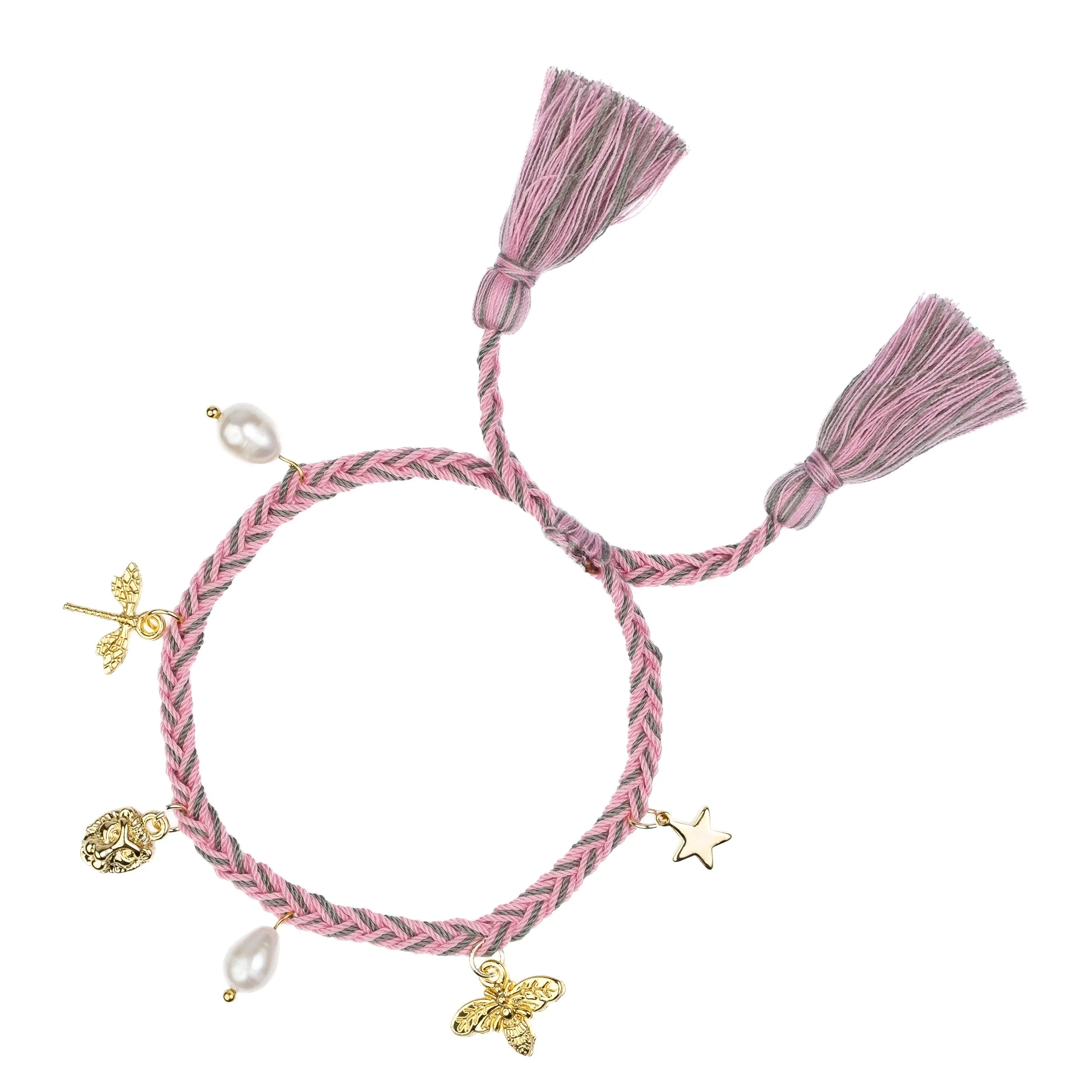 WOVEN FRIENDSHIP BRACELET W/CHARMS BUBBLEGUM PINK & MILIEU GREEN MIX sold by DARK Department